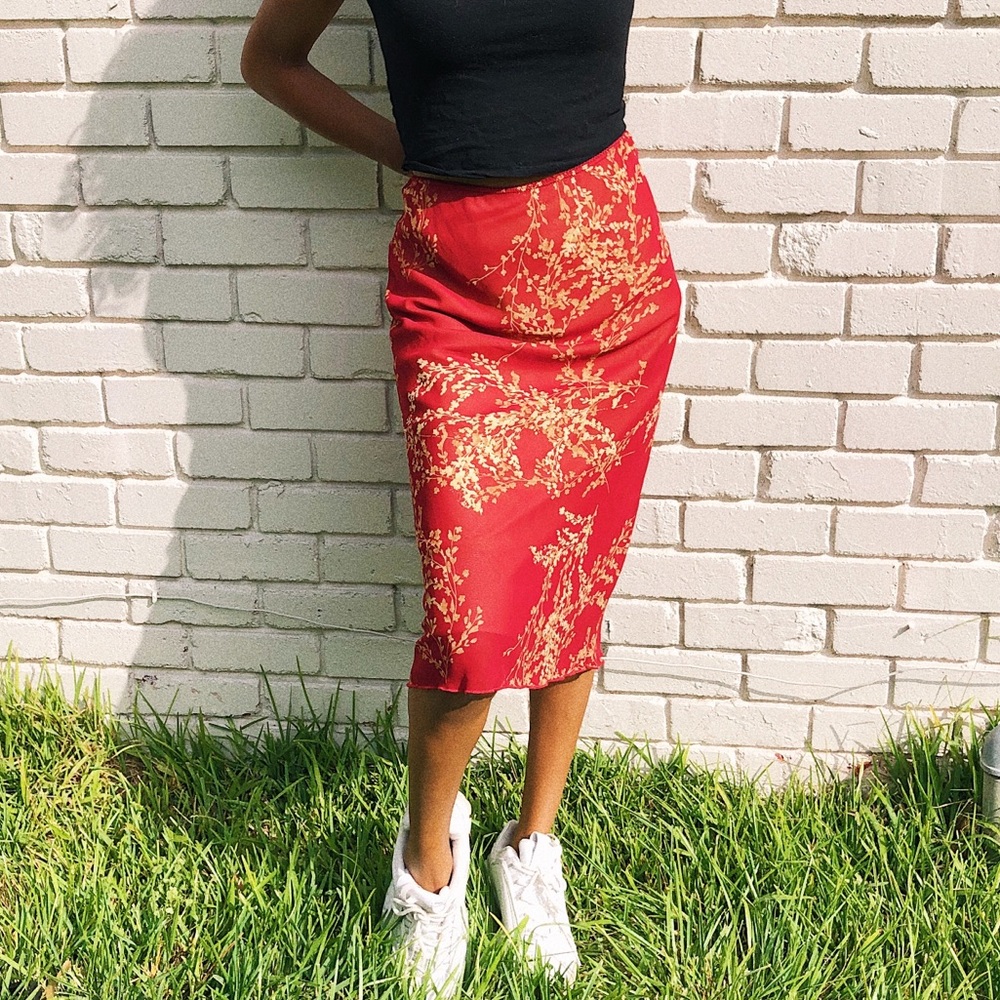 Red Floral Midi Skirt